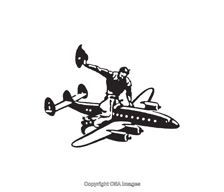 Retro Line Art Illustration of a Man Riding an Airplane