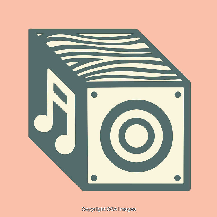 Colorful Speaker Icon with Musical Note on Geometric Background