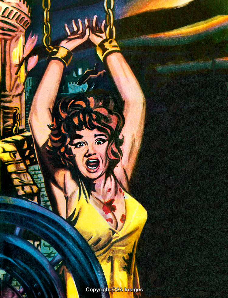 Illustration of a Distressed Woman in Chains Beneath an Ominous Backdrop