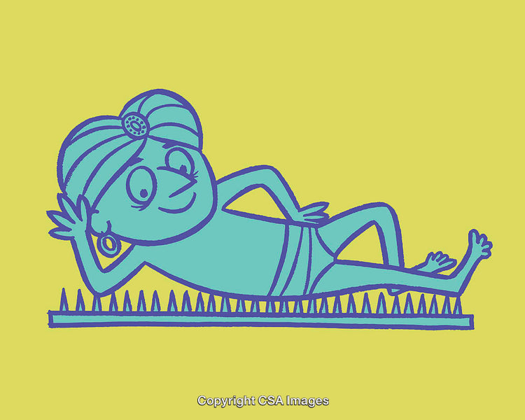 Cartoon Monk Reclines on a Bed of Nails with Cheerful Expression
