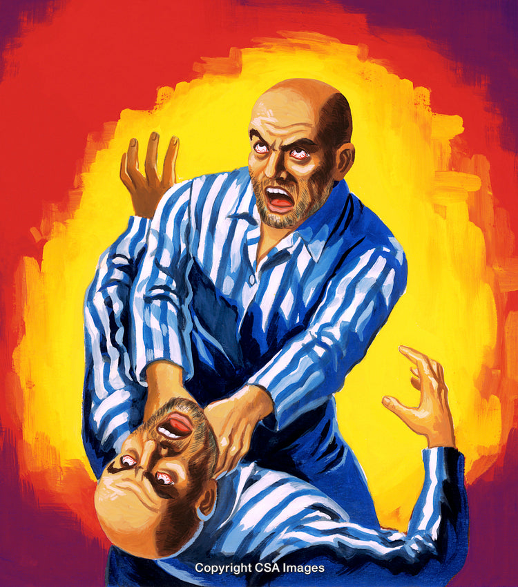 Intense Struggle Between Two Identical Bald Men in Dramatic Expression