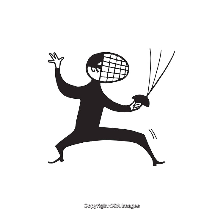 Black and White Line Art Illustration of a Fencer in Action