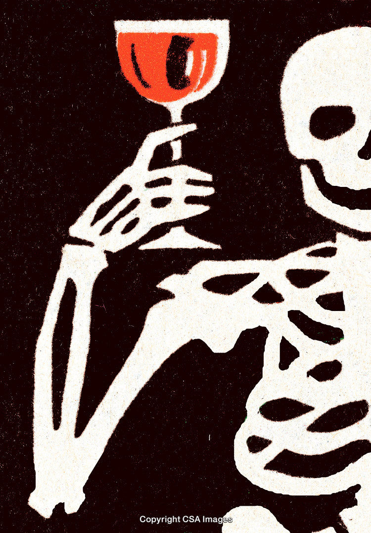 Skeleton Holding a Glass of Red Wine Against a Dark Background