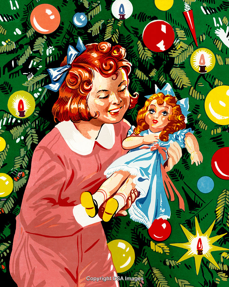 Girl Holding Doll in Front of Festively Decorated Christmas Tree
