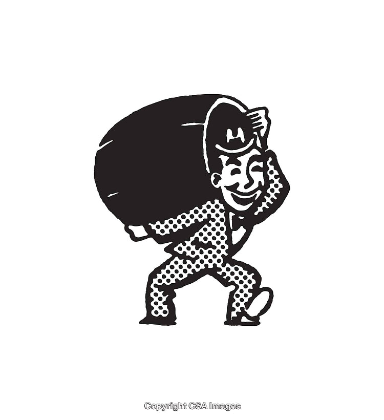 Illustration of a Character Carrying a Large Sack in Black and White