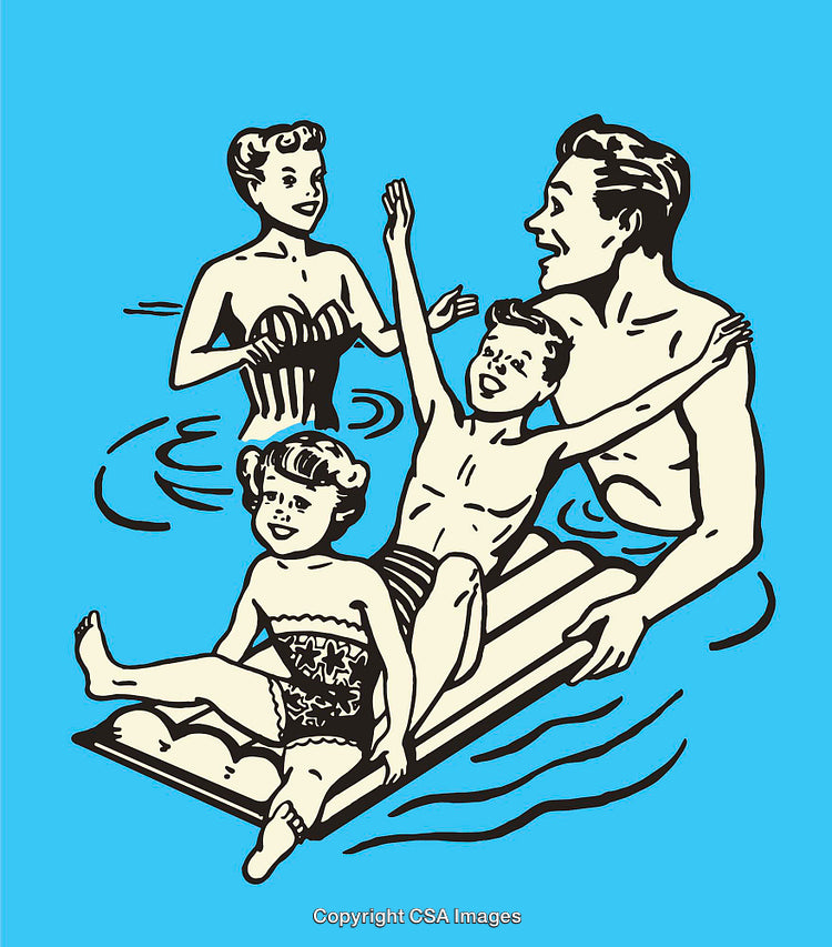 Vintage Illustration of a Happy Family Enjoying a Day at the Pool