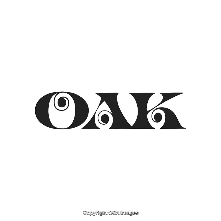 Stylized Black Oak Typography Design with Swirl Patterns on White Background
