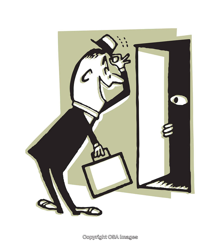 Cartoon Businessman Looking Inside a Door with a Hand Holding It Open