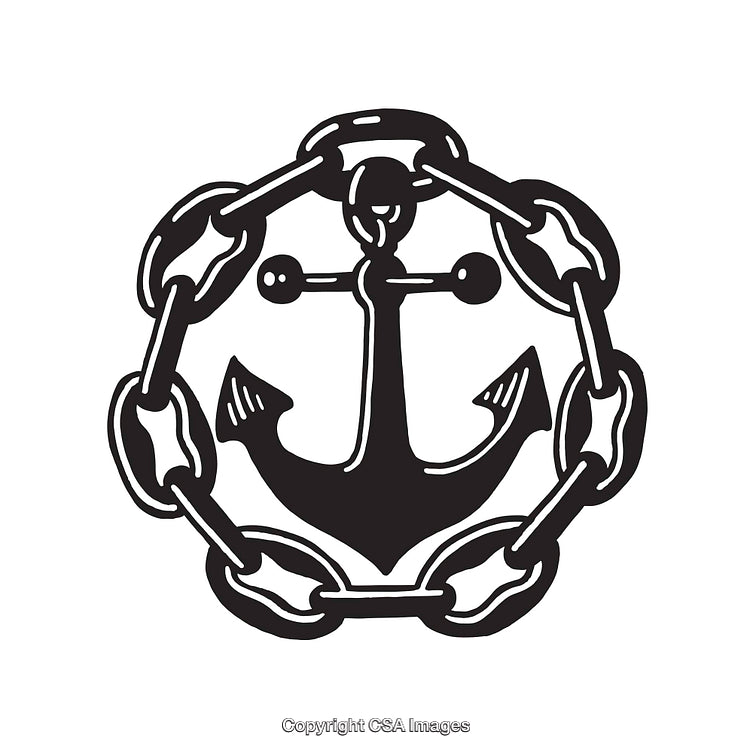 Black and White Anchor Icon Encircled by Nautical Chain Line Art