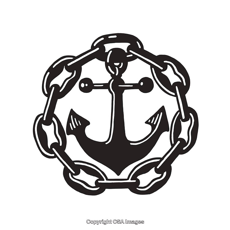 Black and White Anchor Icon Encircled by Nautical Chain Line Art