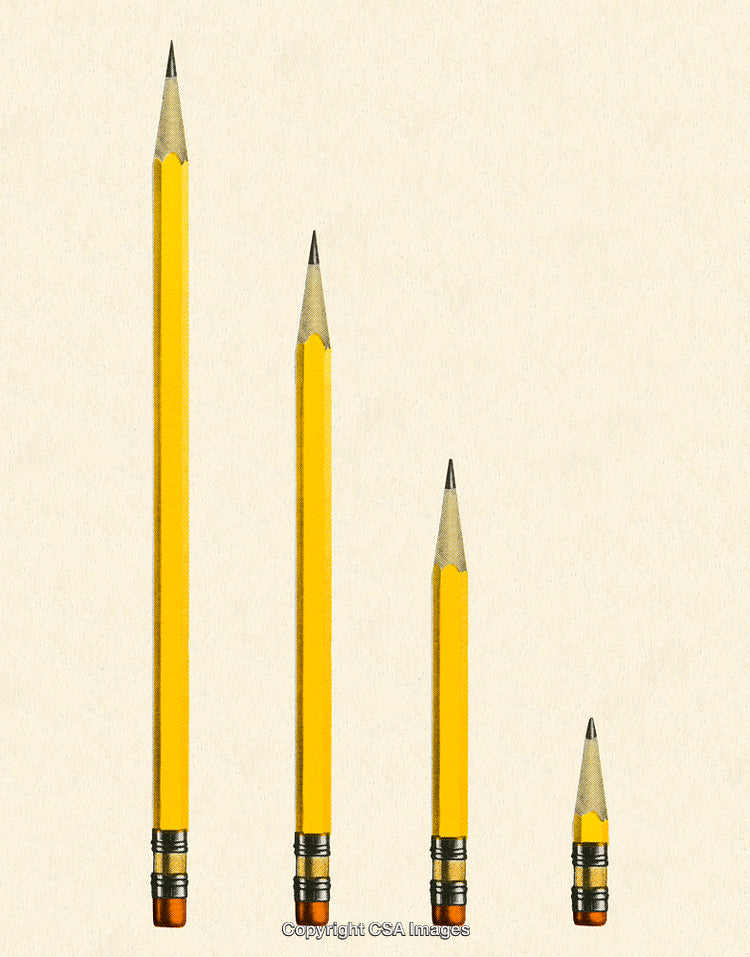 Yellow Pencils Demonstrating Gradual Length Reduction in Sequential Arrangement
