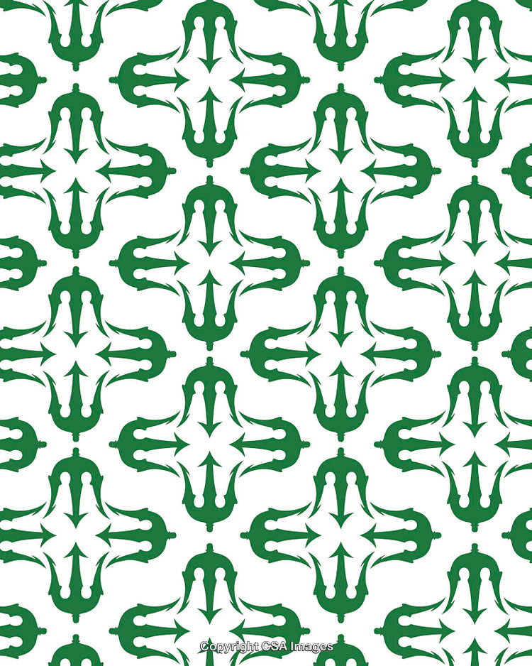 Green Ornamental Pattern With Repeated Decorative Symmetrical Elements on White