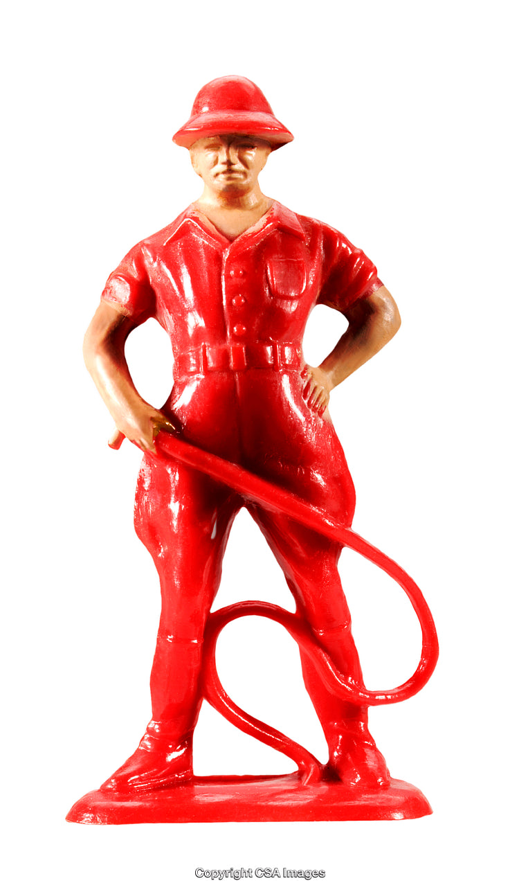 Bright Red Plastic Firefighter Figure with Hose - Toy Model