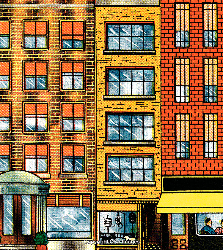 Colorful Illustration of Urban Buildings with Shops and Windows