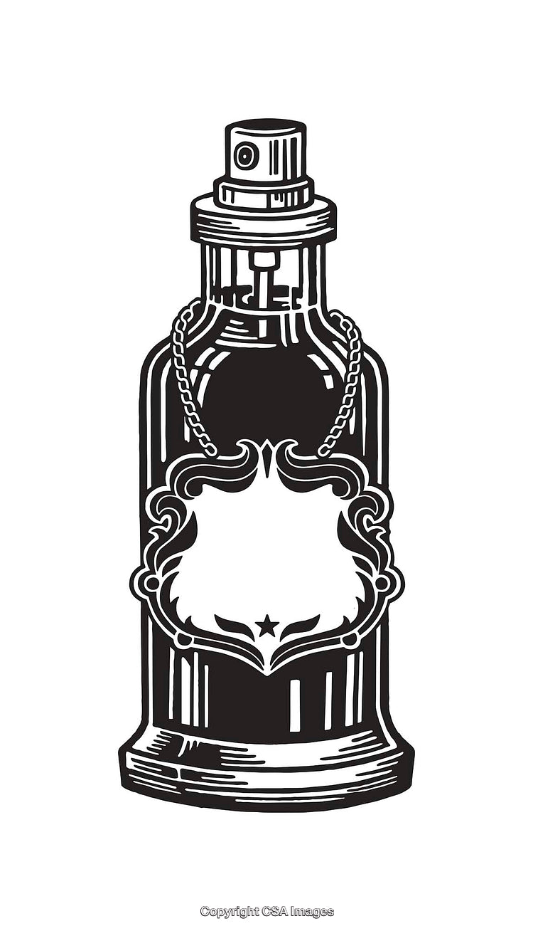 Elegant Vintage Perfume Bottle Black and White Line Art Illustration