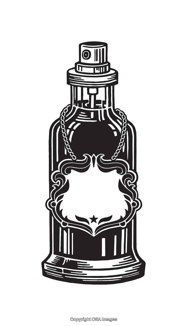 Elegant Vintage Perfume Bottle Black and White Line Art Illustration