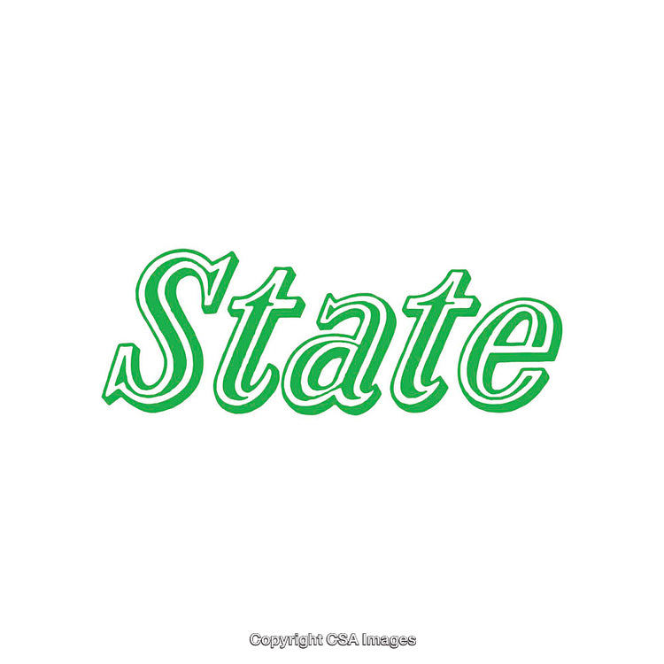 Green Text Design With the Word 'State' in Stylized Font