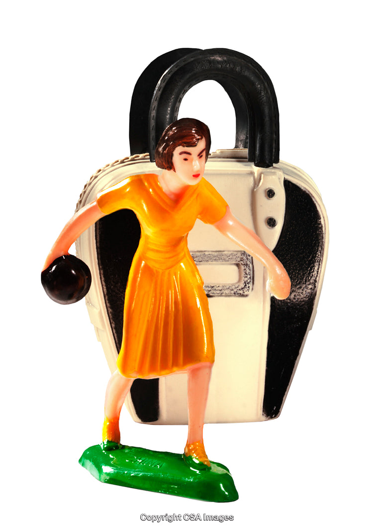 Vintage Plastic Figurine of a Woman Against a Unique Artistic Background