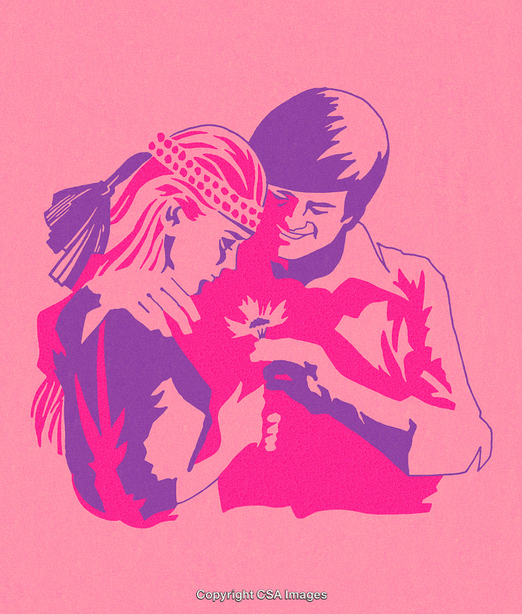 Illustration of a Couple Holding Hands with a Flower on Colored Background