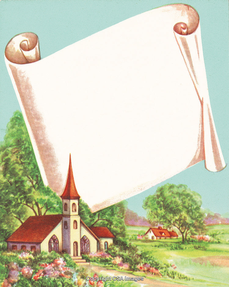 Scenic Country Church With Scroll Banner on Nature Background
