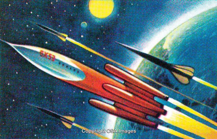 Retro Sci-Fi Rocket Illustration Flying Through Cosmic Starry Space