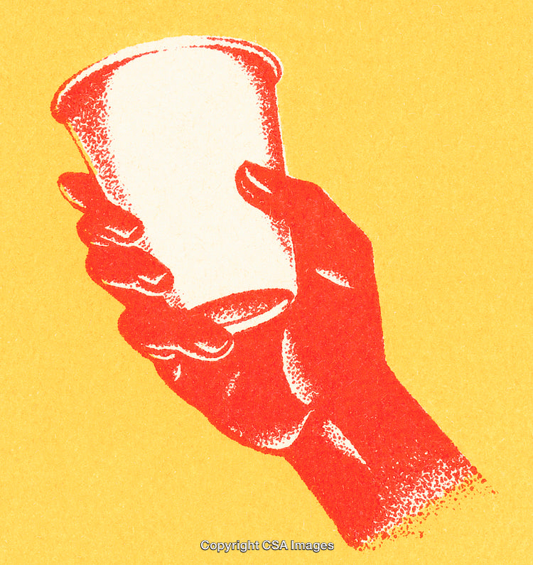 Hand Holding a Cup in a Retro-Style Illustration with Bold Colors