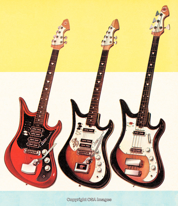 Three Vintage Electric Guitars on a Vibrant Backdrop