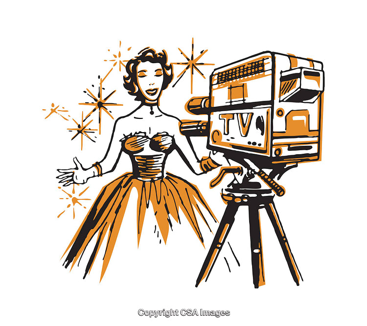Retro Illustration of a Glamorous Woman with a Vintage TV Camera