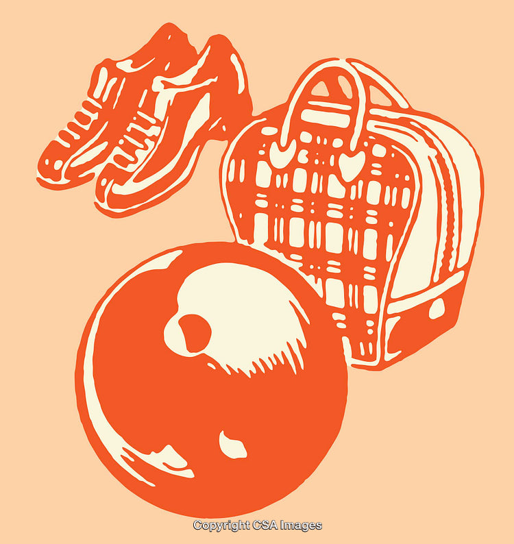 Retro Style Illustration of Bowling Accessories in Orange Tones on Beige Background