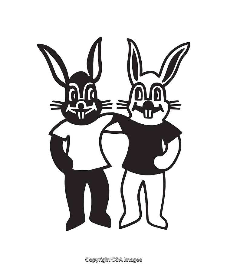 Friendly Cartoon Rabbits Standing Together in Black and White Line Art