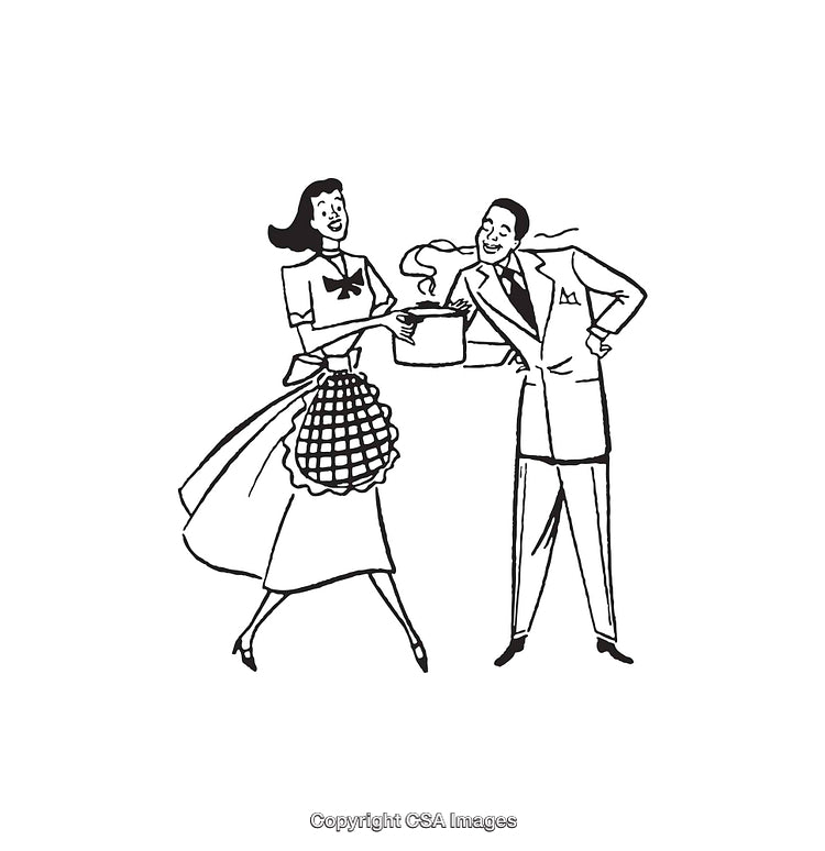 Vintage Black and White Illustration of Joyful Homemakers Cooking Together