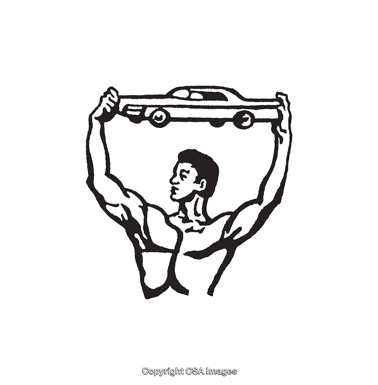 Black and White Line Illustration of a Strongman Holding a Car Overhead