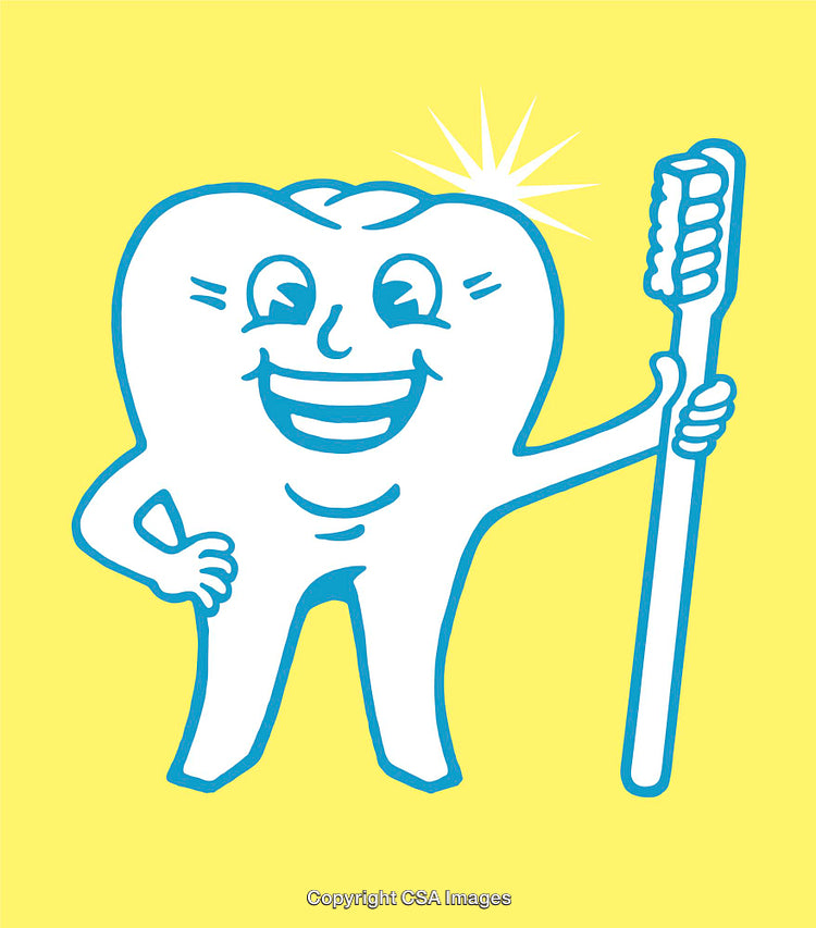 Smiling Tooth Cartoon Holding Toothbrush with Bright Yellow Background