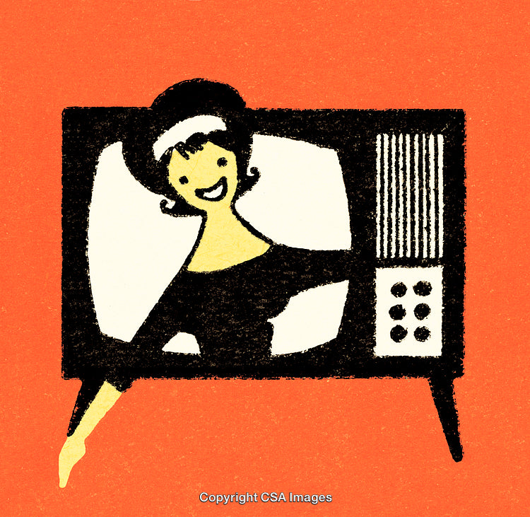 Retro Illustration of Woman Appearing Through TV Screen with Bright Background