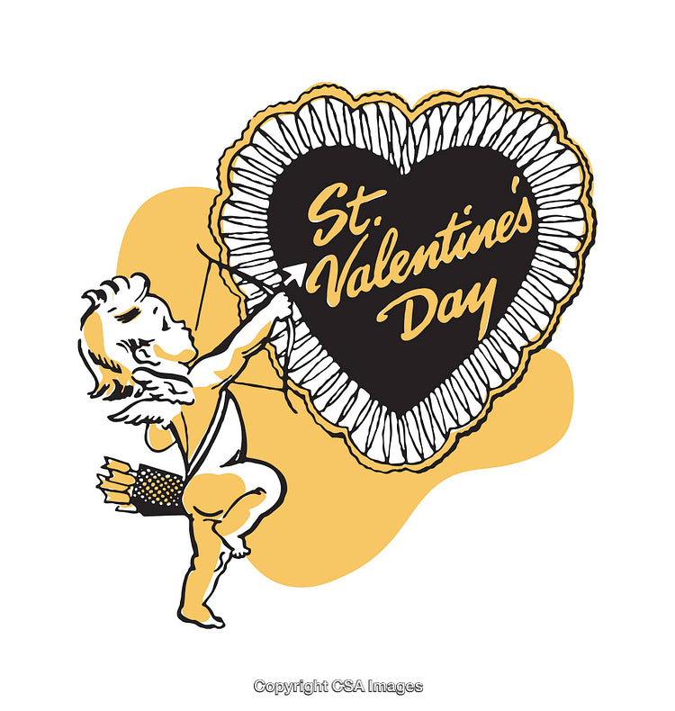 Cupid Illustration with Heart and Valentine’s Day Handwritten Text in Retro Style