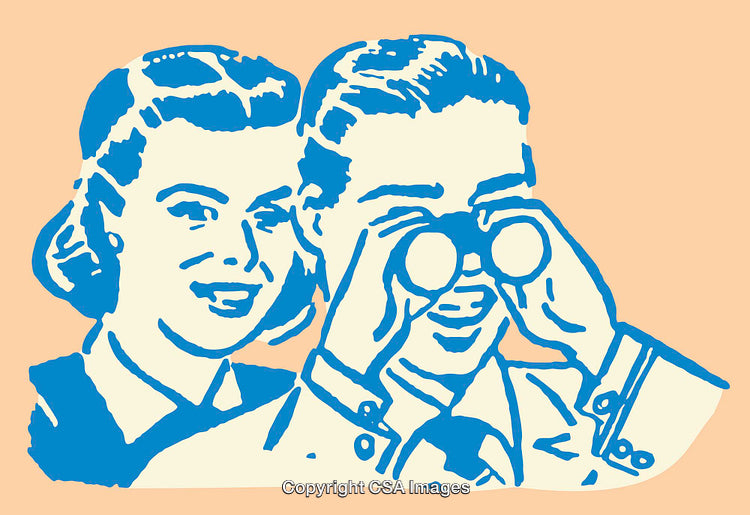 Retro Illustration of a Couple Observing Through Binoculars