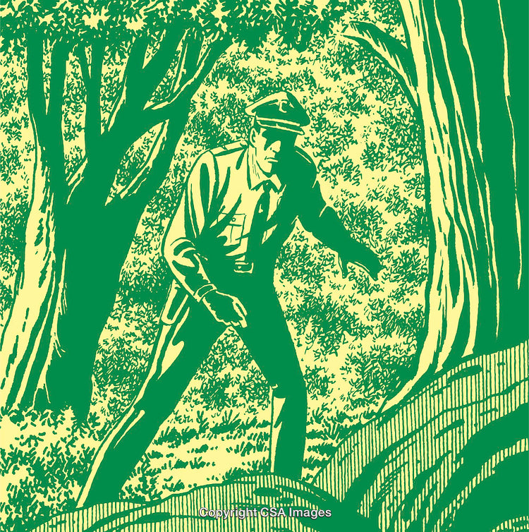 Vintage Forest Scene Illustration with Uniformed Man Walking in Nature