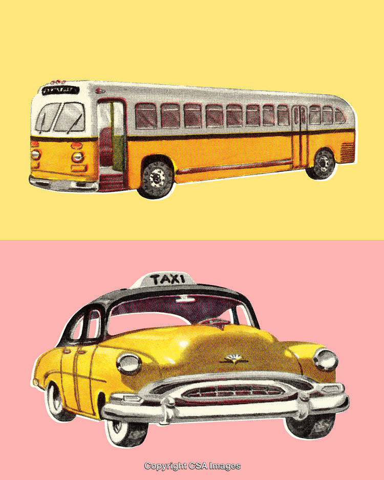 Retro Illustration of a Bus and Taxi on Colorful Backgrounds