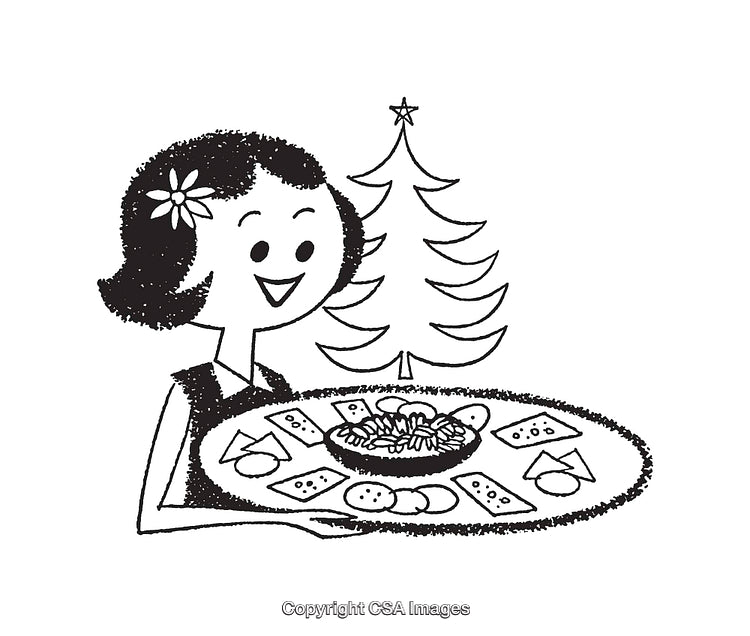 Vintage Christmas Illustration of Woman Serving Holiday Snacks and Treats