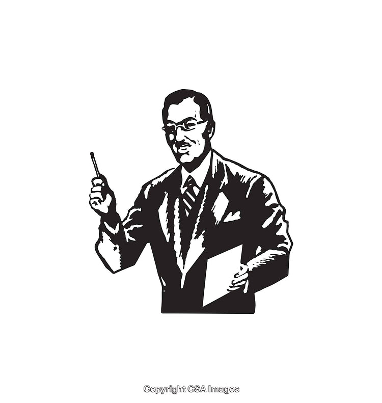 Retro Line Art Illustration of a Man Holding a Pen and Clipboard