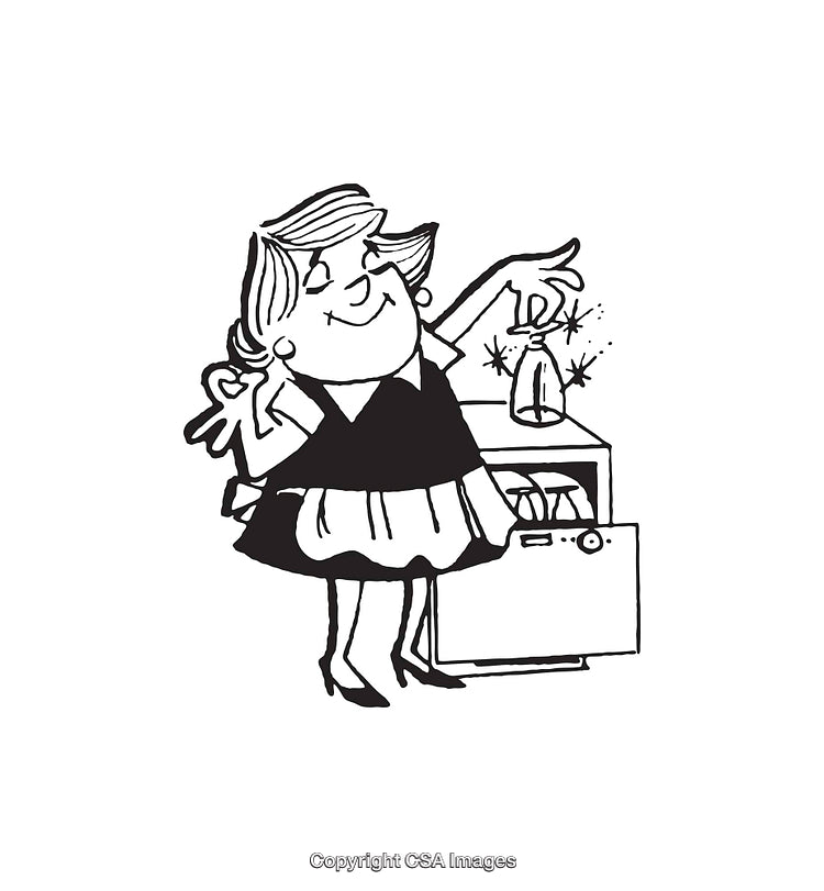 Retro Line Art Illustration of a Happy Homemaker Doing Household Chores