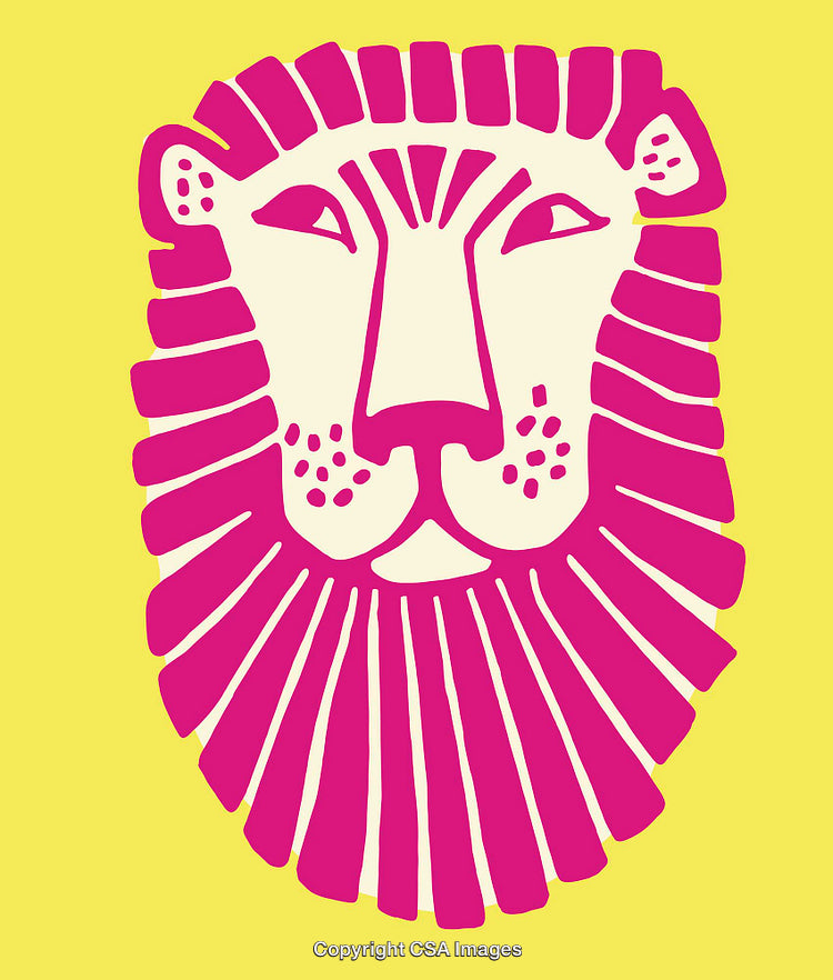 Pink Lion Head Line Art Illustration with Bright Yellow Background