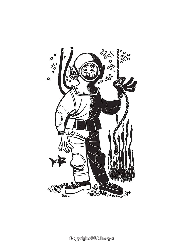 Vintage Line Art Illustration of a Deep Sea Diver in Diving Suit