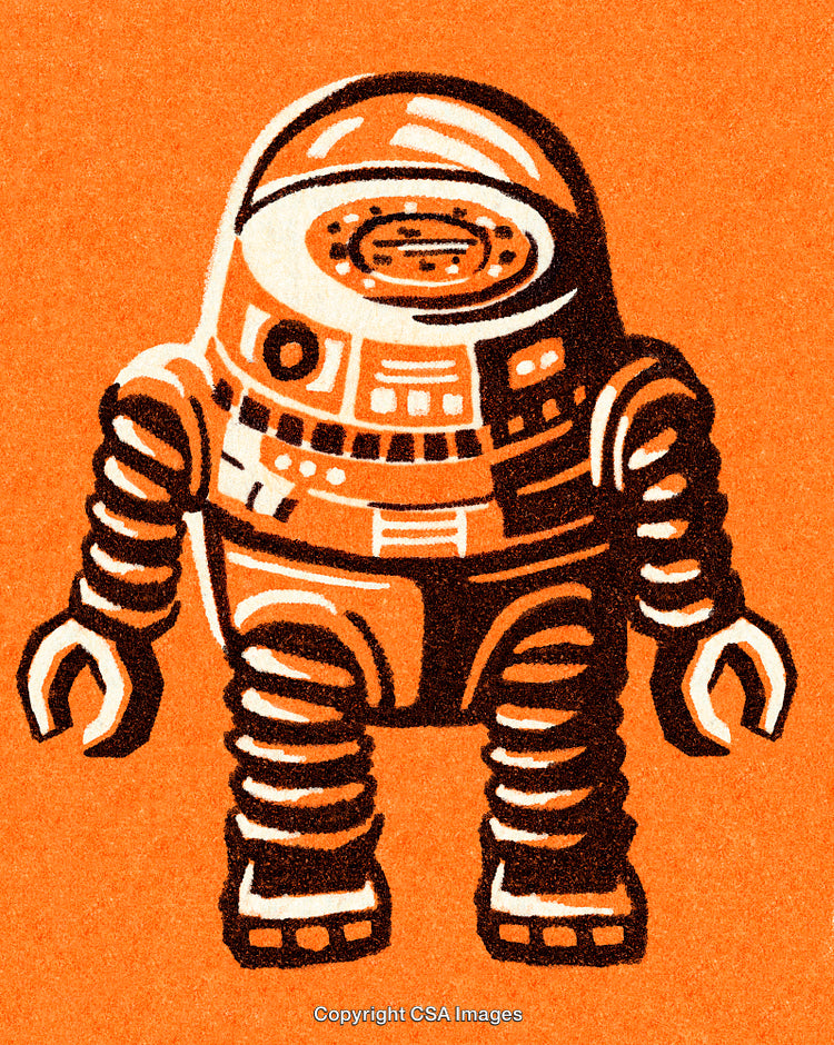 Retro Style Robot Illustration with Orange Background and Detailed Features