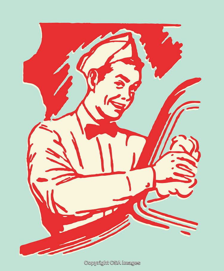 Retro Line Art Illustration of a Smiling Worker Wearing a Cap and Bow Tie