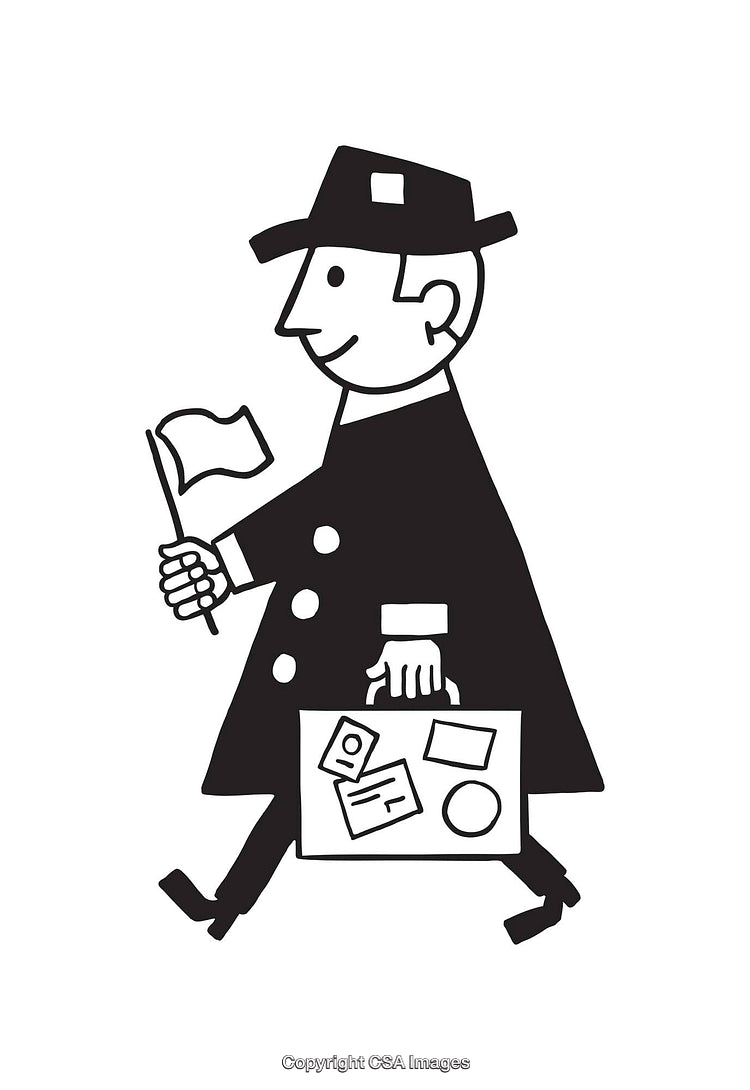 Black and White Line Art of a Traveler With Suitcase and Flag
