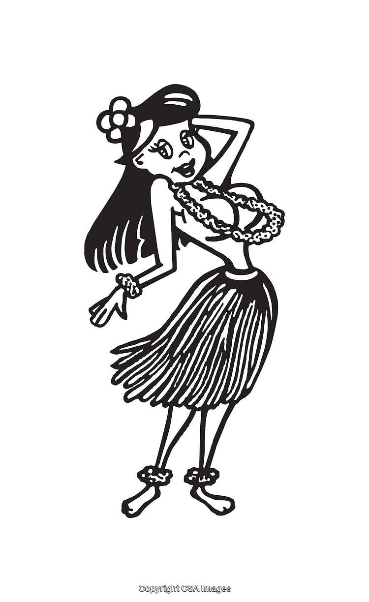 Black and White Line Art of Tropical Hula Dancer Illustration