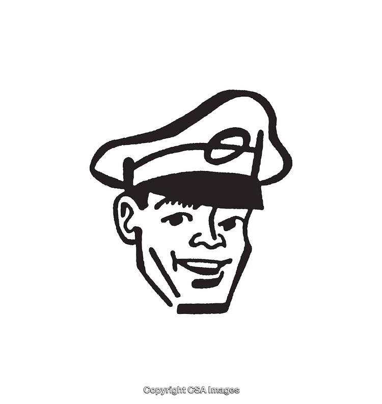 Black and White Cartoon Illustration of Smiling Sailor in Uniform Hat
