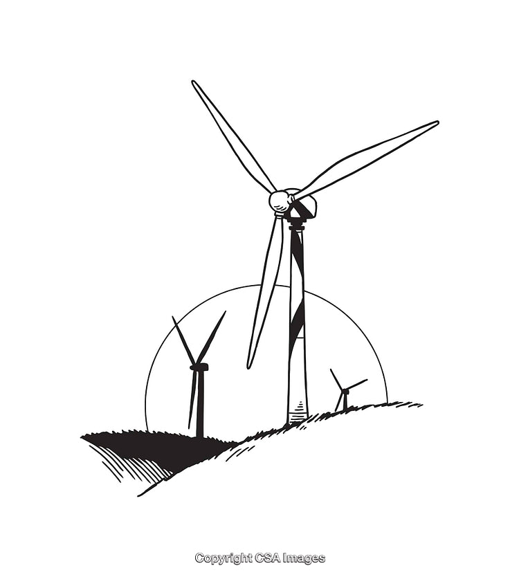 Black and White Line Art of Wind Turbines with Stylized Background
