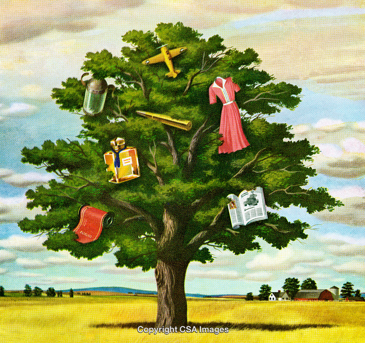 Surreal Tree With Objects Growing in Nature Symbolizing Creativity and Imagination